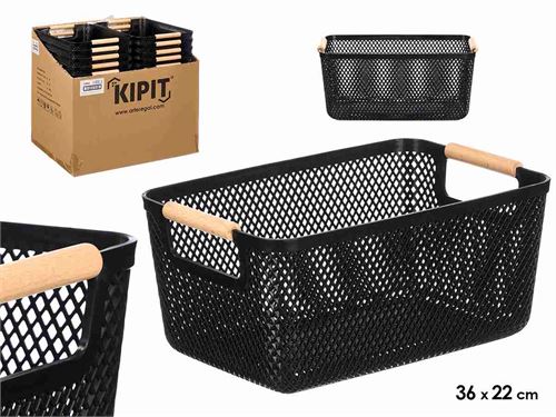 12866 CESTO PLASTICO PRETO ASA BAMBU 36X22CM