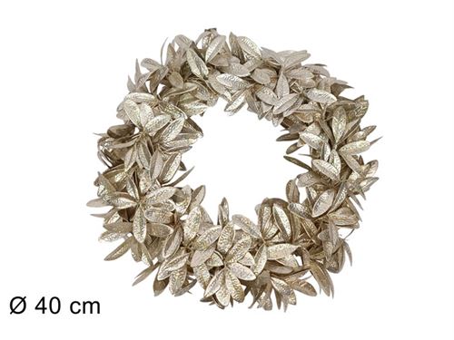 338507 COROA PORTA 40CM FOLHAS GLITTER CHAMPANHE
