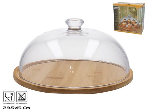 652870 PRATO BOLO BAMBU COM TAMPA VIDRO 29X29X15CM