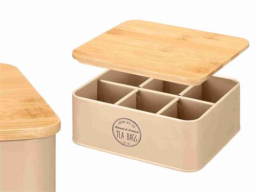 12977 CAIXA 6 FUROS BAMBU BEGE CHA METAL 19X16X8