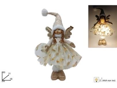 ANJO COM VESTIDO BRANCO E DOURADO COM LUZ 50CM