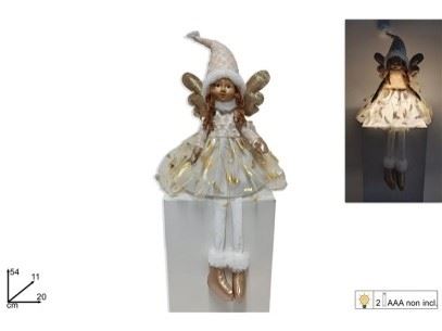 ANJO COM VESTIDO BRANCO E DOURADO COM LUZ 54CM