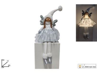 ANJO SENTADO COM VESTIDO BRANCO COM LUZ 54CM