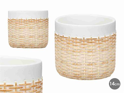 11382 VASO CIMENTO RATTAN BRANCO 14CM