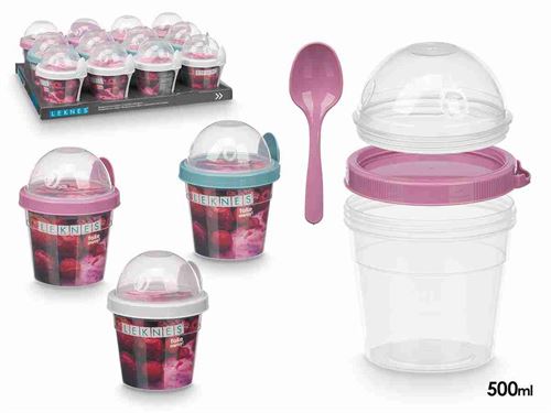 94908 COPO IOGURTE PLASTICO  TALHERES 500ML SORT